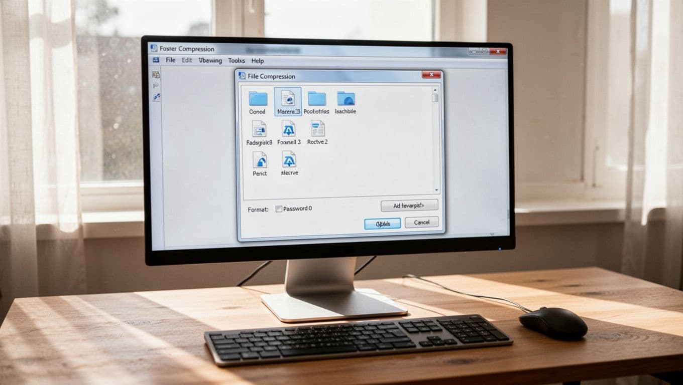 Realistic photo of a Windows computer desk setup with 7-Zip software window open, adding files to a ZIP archive with password option, simple interface, bright daylight lighting, screen slightly blurred.