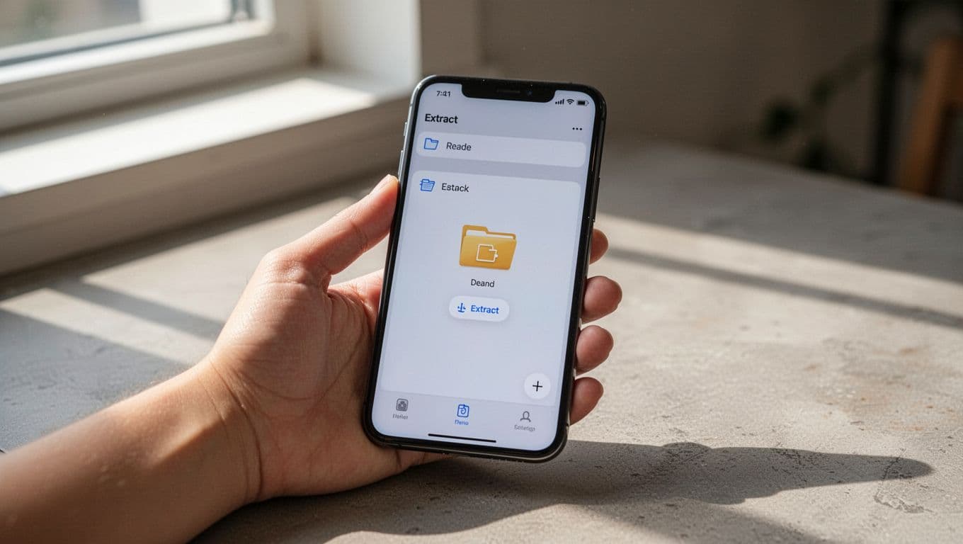 Hand holding Android smartphone on table showing Files app with ZIP file selected and extract option in menu, realistic photo in natural light, landscape crop.