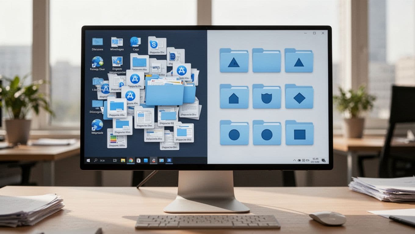 Split composition showing a cluttered computer desktop with random files and overflowing Downloads on the left, next to a clean organized desktop with neat folders like Work, Personal, and Media on the right; realistic photo style under natural office lighting.