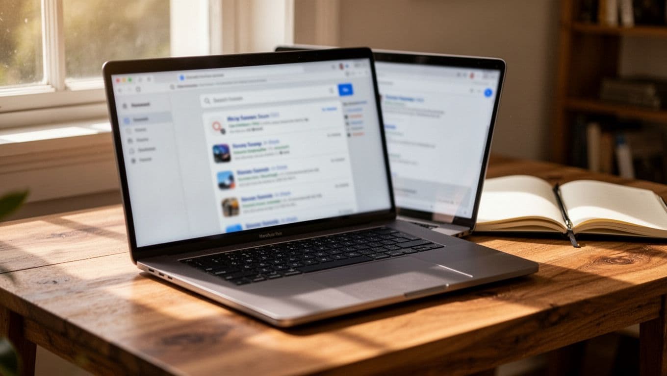 Realistic photo of a single laptop on a cozy desk displaying a blurred Google Drive interface with Gemini AI overview search results, notebook nearby, soft natural window light, screen at slight angle, no people or extra devices.