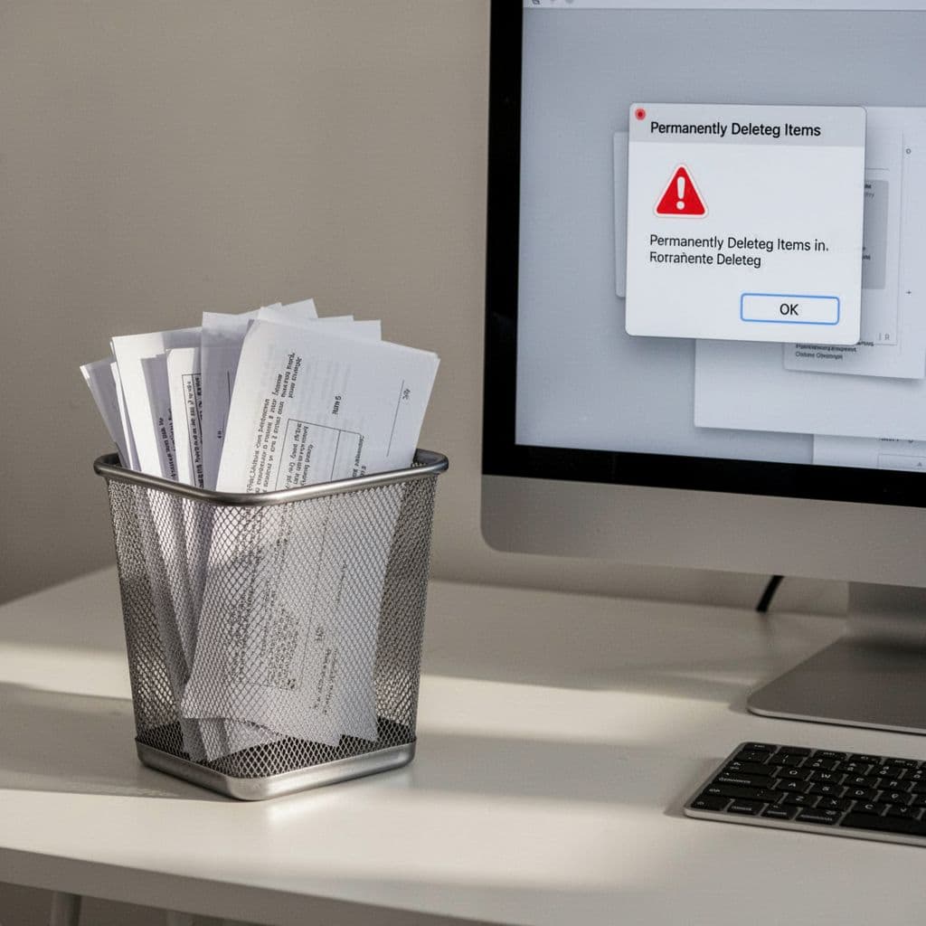 Photorealistic close-up of a recycle bin icon on a minimal desktop background with visible files inside and a confirmation dialog for emptying trash. Neutral lighting, no people, no readable text, no watermarks or logos.