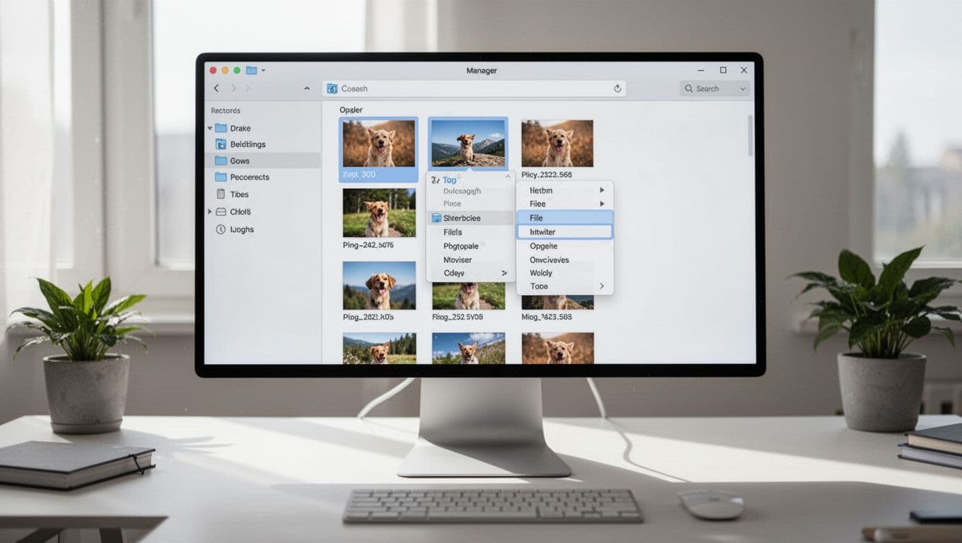 File explorer window on a desktop showing selected photo files in a folder with right-click context menu open and Rename option highlighted. Modern clean interface, bright natural lighting, landscape view.