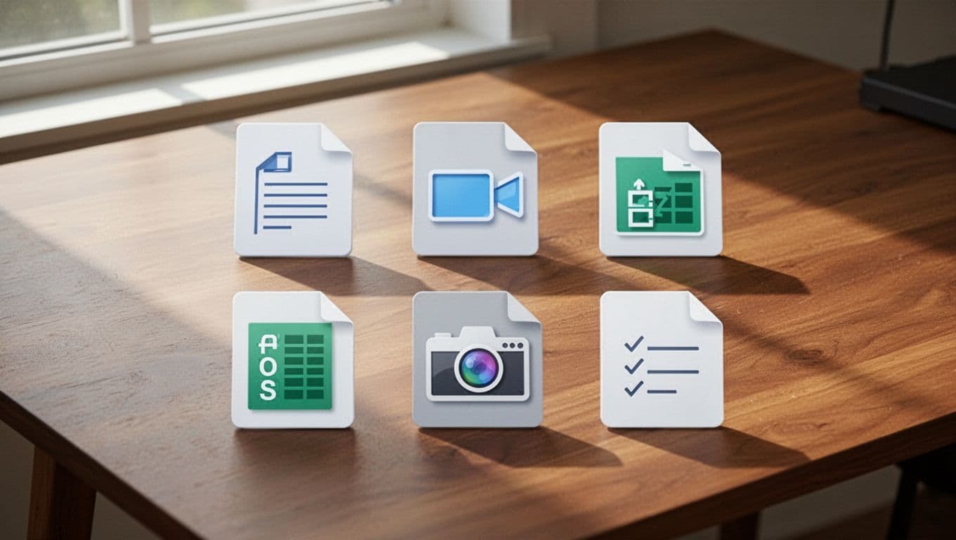 Six file icons representing PDF, PNG, MP4, DOCX, CSV, and TIFF are organized in a grid on a wooden desk surface, featuring a clean modern flat design style with soft natural lighting.