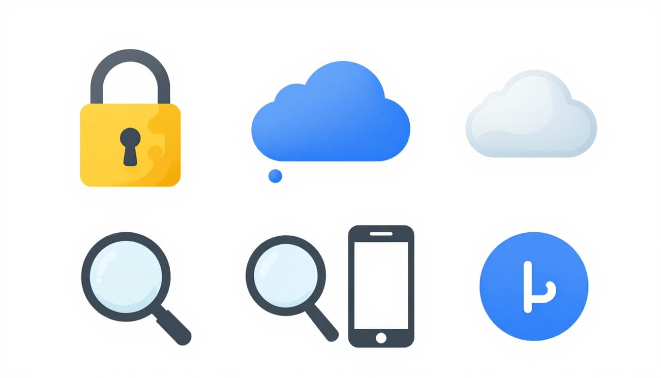 Clean flat design icons illustrating Google Drive features like secure storage lock, live collaboration group, share link, search magnifying glass, phone backup, and desktop sync folder, arranged in a simple grid on a white background.