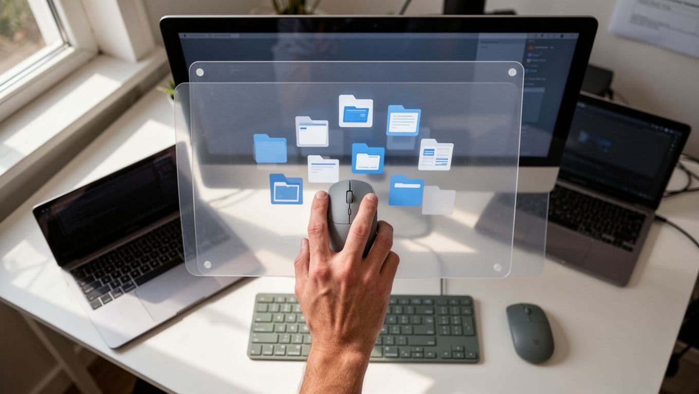A person's hand uses a mouse to drag a group of document files from one folder to another in a file manager window on a computer screen, top-down composition in a simple office desk setting with realistic style and soft lighting.