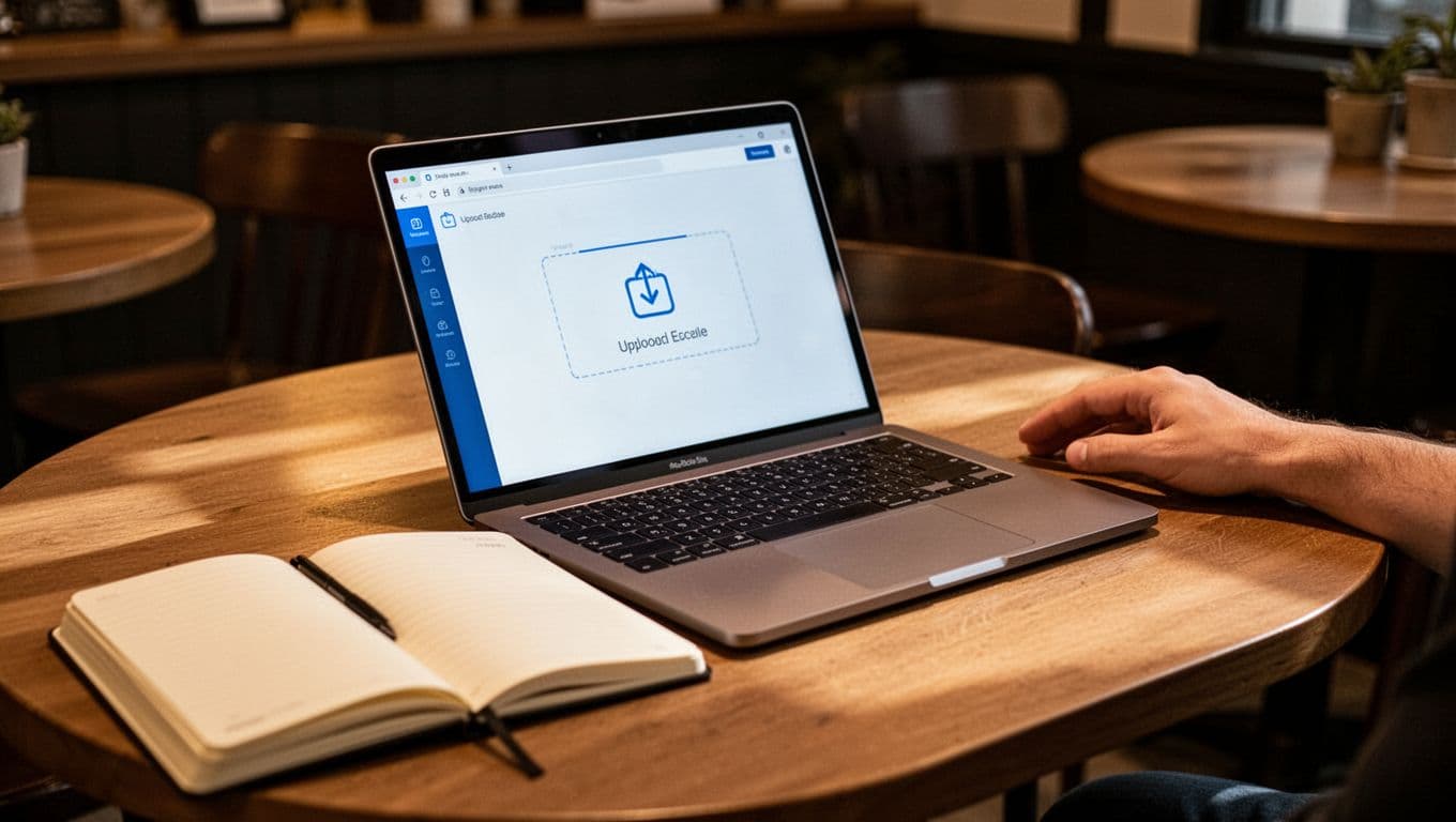 A modern laptop on a cafe table shows a web browser with an online ZIP tool focused on the file upload area, warm ambient lighting, notebook nearby, one hand resting close, photorealistic landscape view.