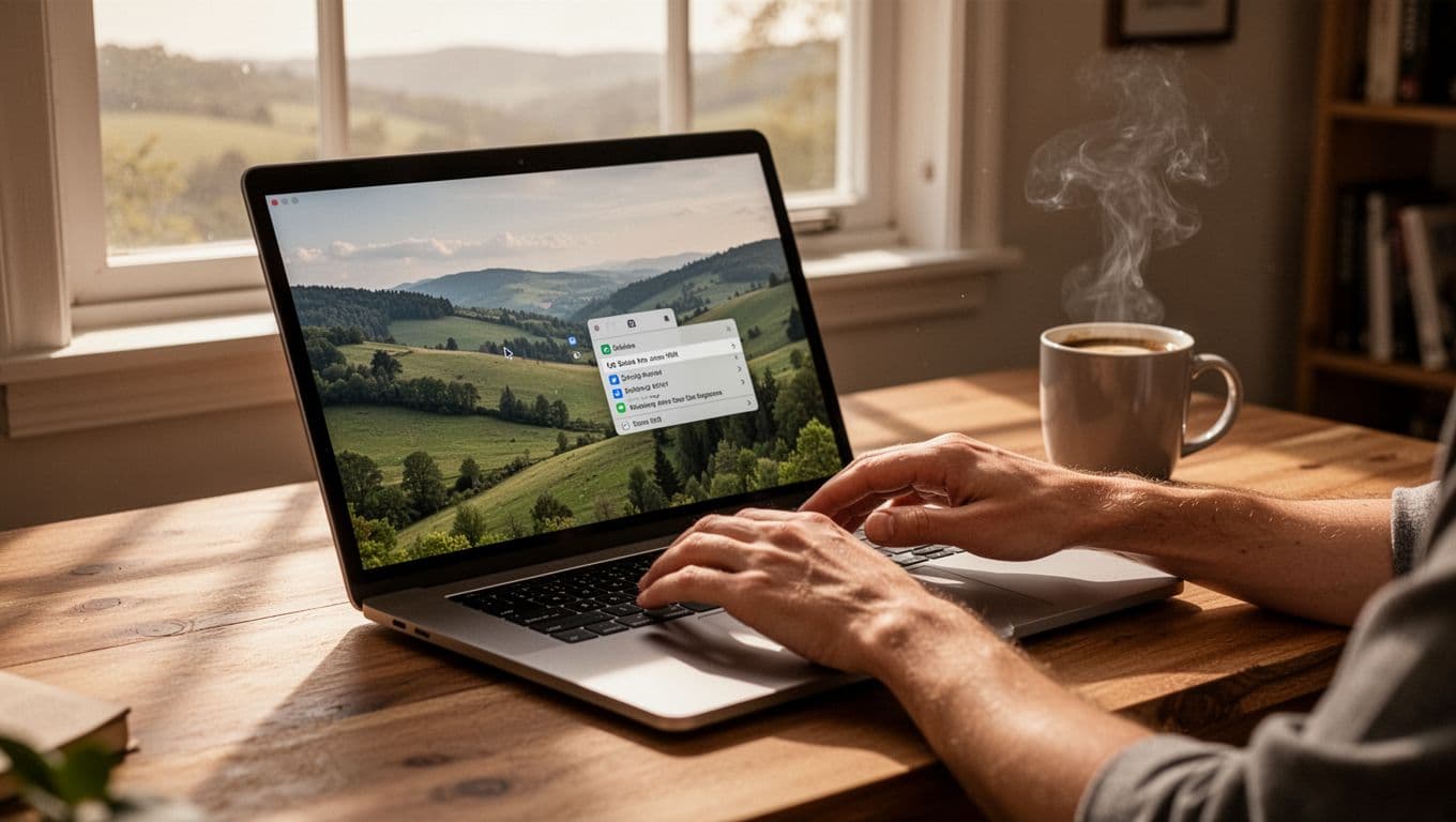 Apple MacBook laptop on a wooden desk in a cozy home office, open to Finder window with selected files and right-click menu displaying Compress option. Natural window light, coffee mug nearby, hands on keyboard, photorealistic landscape view.