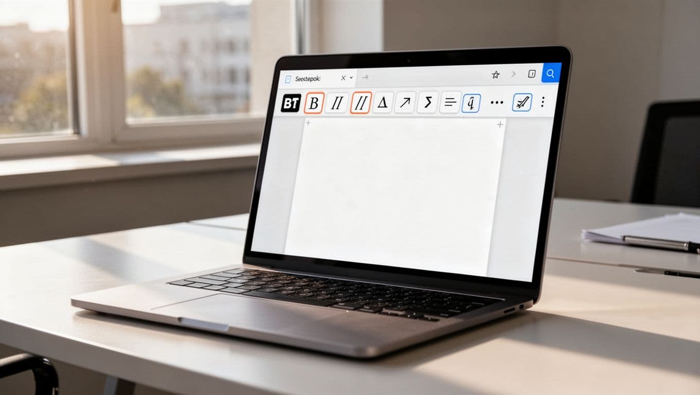 Close-up realistic photograph of a laptop screen in a modern office desk setup showing Microsoft Word Home tab with Font dropdown open to Calibri 12, bold and italic buttons highlighted, Paragraph group alignment icons and bullets button visible, natural daylight lighting.
