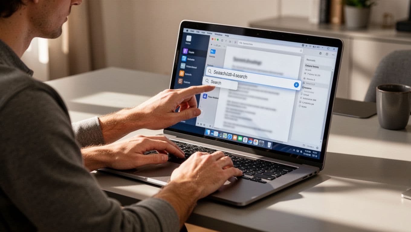 A person at a desk in a modern home office uses the Windows Start menu search to open Microsoft Word on their laptop, with hands resting naturally on the keyboard and the screen slightly blurred.