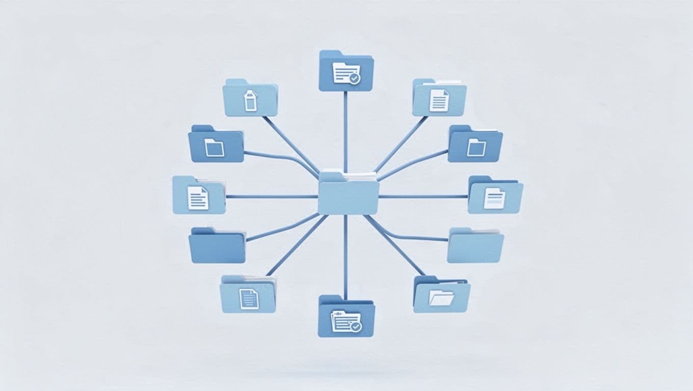 Simple vector diagram illustrating the PARA folder structure with top folders Projects, Areas, Resources, Archives branching to subfolders like WebsiteRedesign, HomeMaintenance, Topics, OldProjects in clean flat design with light blue folder icons.