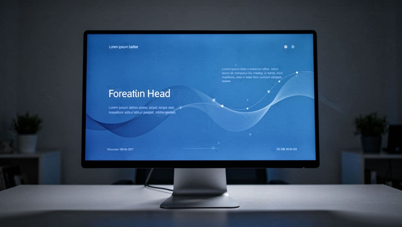 PowerPoint slide example with a professional blue theme, sans-serif fonts, title and subtitle, and subtle fade animation path, centered on a monitor screen in a dim room with focused lighting.
