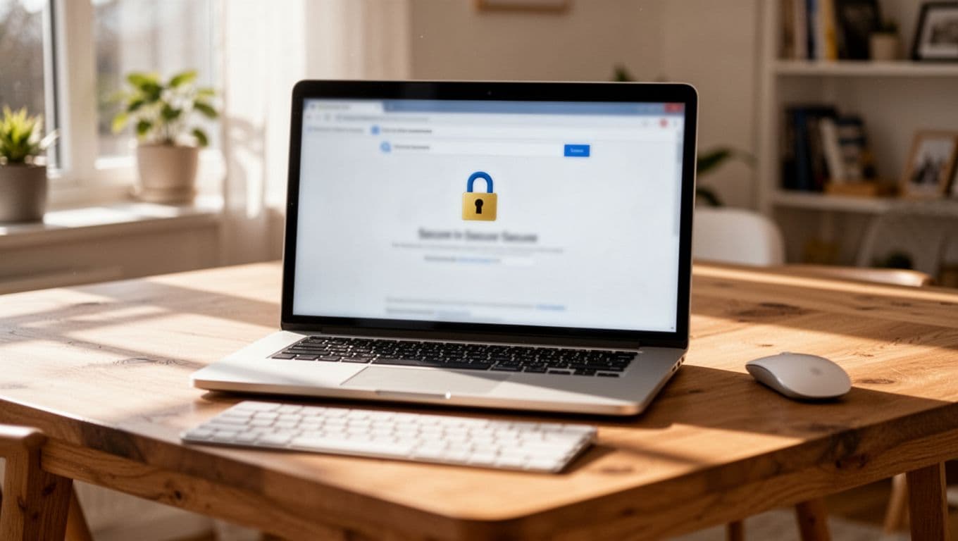 Clean laptop screen displaying a secure official software download page with visible HTTPS lock icon in the browser address bar, on a wooden desk in a bright home office with keyboard and mouse nearby, natural daylight lighting, realistic photo.