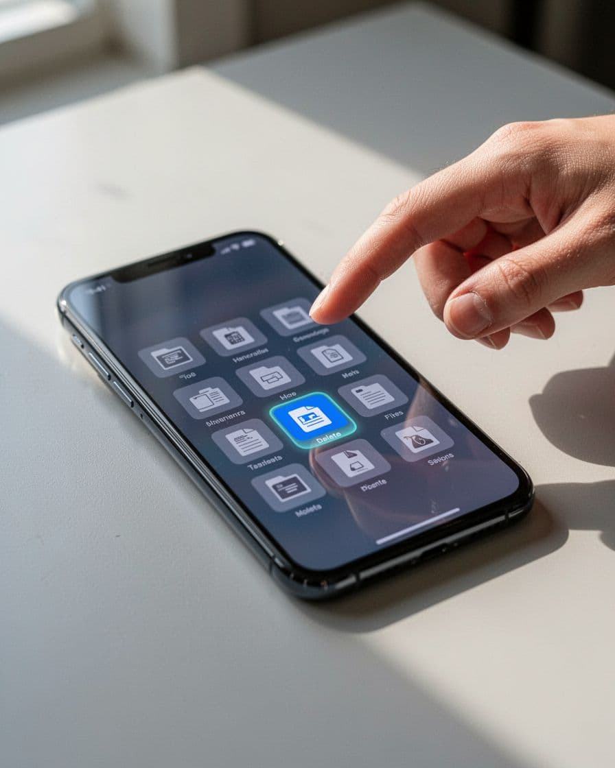 Modern smartphone on a table displaying file manager app with listed files, one highlighted for deletion via implied finger swipe gesture, angled view with vibrant lighting, no extra objects.