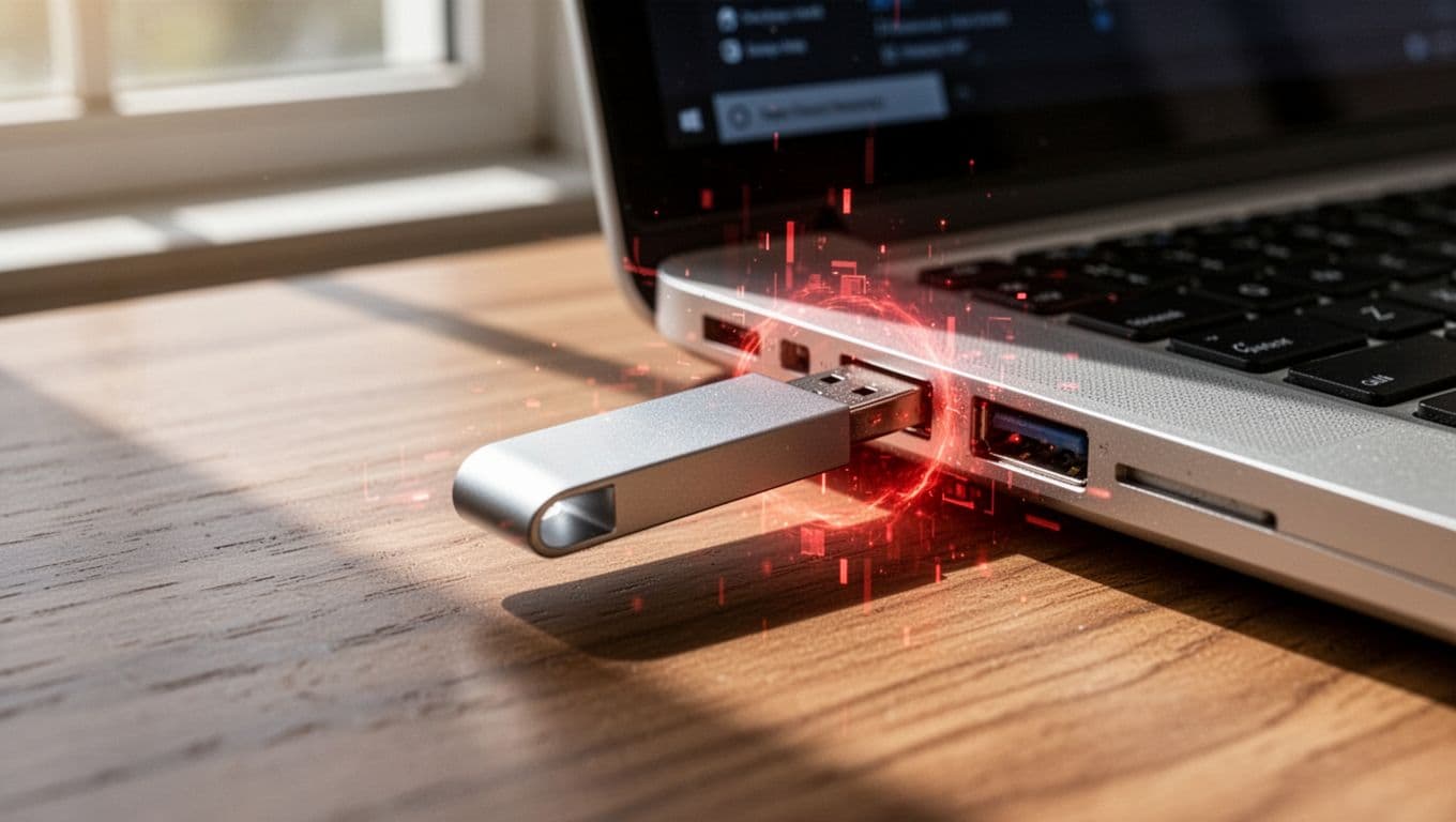 Close-up of a silver USB flash drive partially inserted into a laptop USB port on a wooden desk, with a faint red digital glitch effect suggesting malware infection.