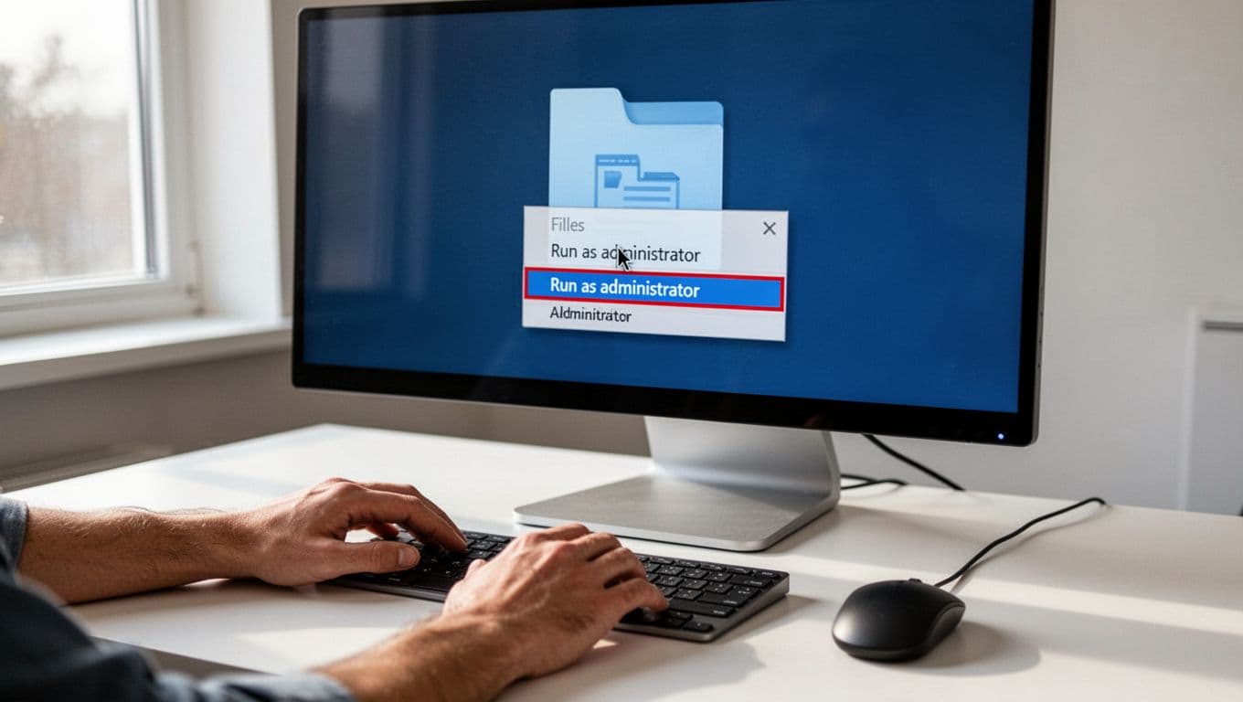 Realistic photo of a Windows 11 desktop with an installer EXE file right-clicked, highlighting the Run as administrator option in the context menu. Features a modern clean interface, keyboard and mouse on desk, natural window light, and one hand clicking the mouse.