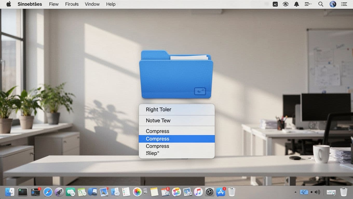 Modern Windows desktop featuring a selected blue folder icon with the right-click context menu open, highlighting the compress or zip option, in a clean realistic style.